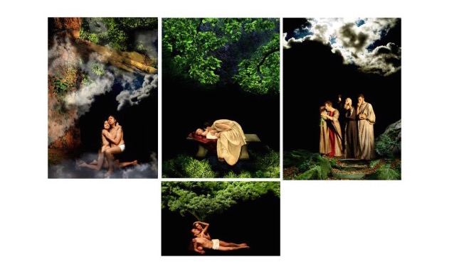 In the photograph, the installation by Ester Ségal consisting of four photographs depicting men, women and natural environments with a black background