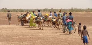 L'immagine mostra un eterogeneo gruppo di africani in marcia nella savana. Vi sono uomini, donne, adulti e bambini (alcuni di essi nudi), vestiti in vario modo (vesti tradizionali o abiti rattopati), alcuni a piedi, acluni a dorso d'asino o su carretti trasportati