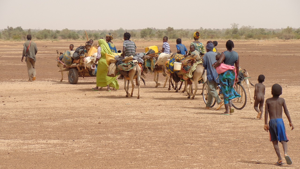 L'immagine mostra un eterogeneo gruppo di africani in marcia nella savana. Vi sono uomini, donne, adulti e bambini (alcuni di essi nudi), vestiti in vario modo (vesti tradizionali o abiti rattopati), alcuni a piedi, acluni a dorso d'asino o su carretti trasportati