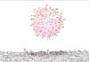 L'immagine è un disegno che mostra una versione stilizzata del coronavirus su uno sofnod bianco, nella cui parte bassa si vede una città stilizzata