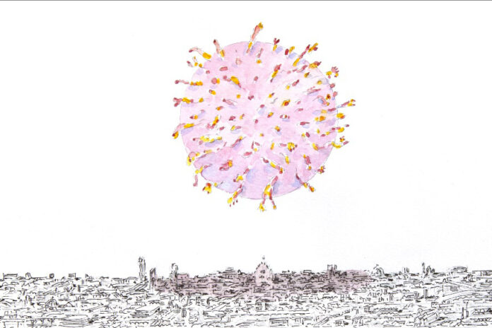 L'immagine è un disegno che mostra una versione stilizzata del coronavirus su uno sofnod bianco, nella cui parte bassa si vede una città stilizzata