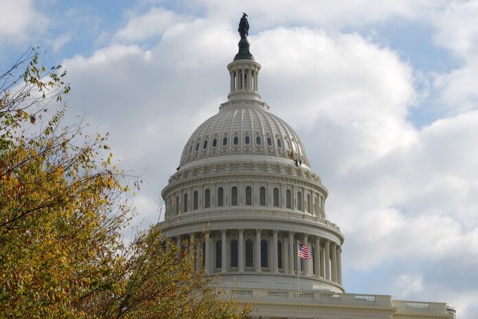 nella fotog: a Capitol Hill, la cupola del parlamento americano a Washington con la bandiera americana che sventola