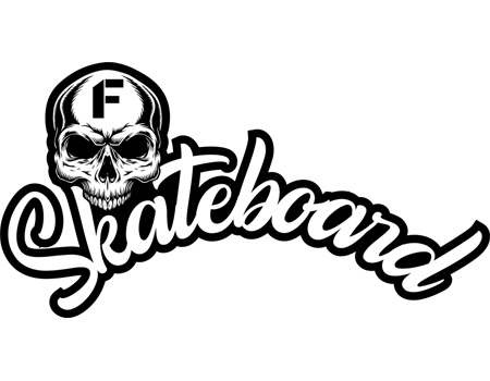 skateboard-450x350-1-2.png-ok-2 logo della rubrica Skateboard con la scritta in bianco e nero Skateboard e l'immagine di un teschio bianco con la lettera F sulla fronte