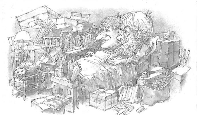 L'immagine è una vignetta che mostra una coppia di mezza età, sullo sfondo di una stanza disordinata, ricolma di scatoloni ed un gatto seduto su uno sgabello. L'uomo ha barba, baffi e occhiali ed è in un letto assieme alla moglie, dal naso enorme e con i piedi fuori dalla coperta