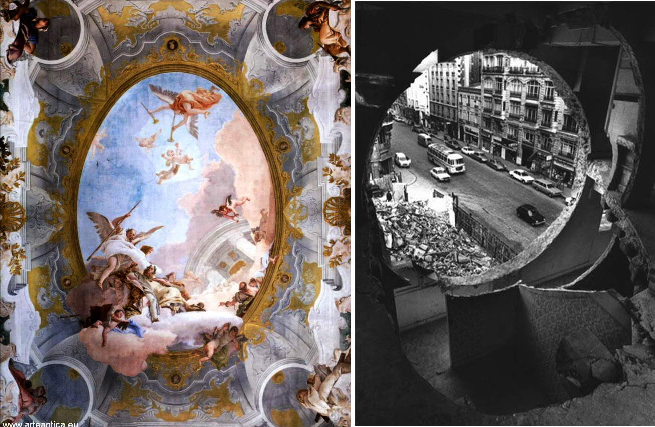 L'immagine è una coppia di fotografie. La foto di sinistra è a colori e mostra il soffitto decorato ad affresco della Ca'Rezzonico di Venezia: un finto cielo circondato da decorazioni e angeli dai colori tenui in stile rococò, realizzato da Gian Battista Tiepolo. La foto di destra è invece in bianco e nero: si tratta di una foto originale dell'artista Gordon Matta-Clark che raffigura una trafficata via Parigina del secolo scorso, ripresa attraverso un edificio semidistrutto con un'apertura circolare nel muro che separa l'esterno dall'interno diroccato