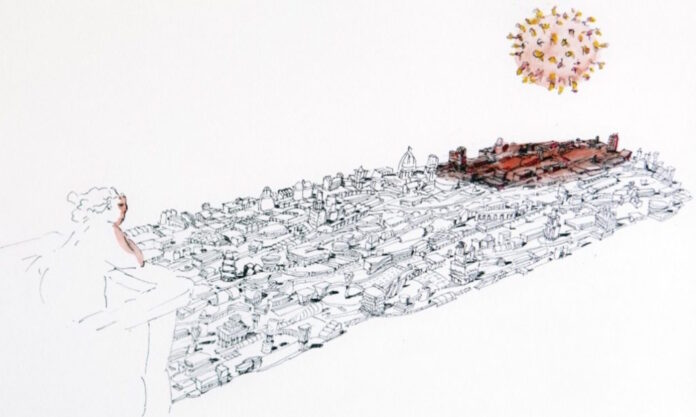 Riflessioni globalizzazione Disegno che mostra la visione dall'alto di uno spaccato urbano sovrastato dall'icona del virus. L'osservatrice è una opulenta donna affacciata ad un terrazzo collocato sull'estrema sinistra del paesaggio.