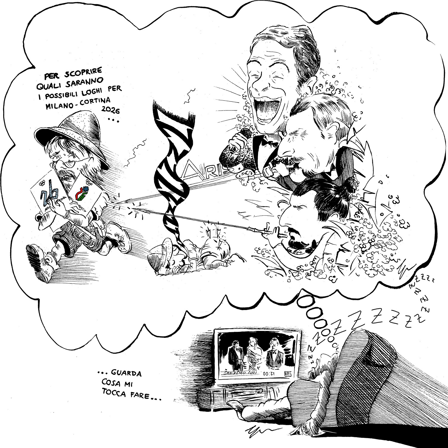 l'immagine è un disegno in bianco e nero dove si vede un uomo che si addormenta davanti alla tv; sopra di lui, un fumetto relativo alla presentazione dei due loghi di Milano Cortina 2026 presentati al festival di Sanremo