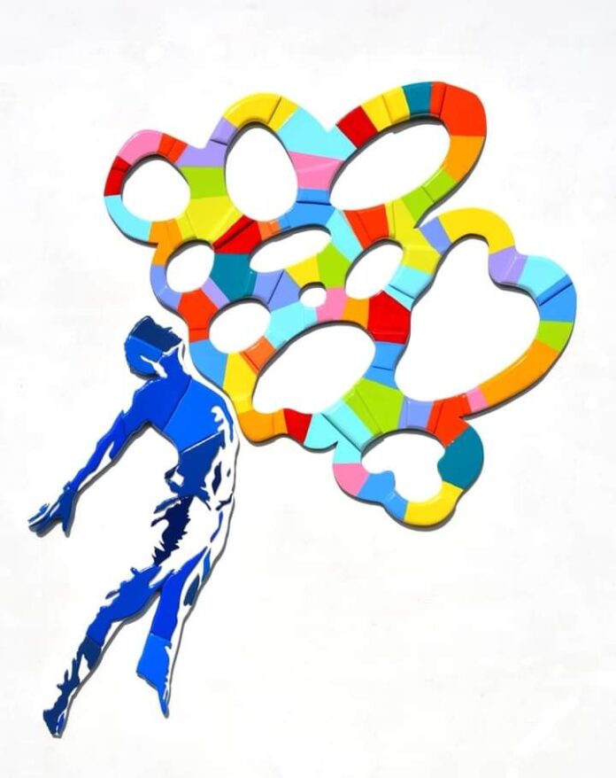 l'immagine mostra la sagoma stilizzata di un uomo rappresentato attraverso ombreggiature dalle tonalità blu e azzurre, nell'atto di saltare verso una sagoma astratta e variopinta dalle linee curve e dalle tinte arcobaleno