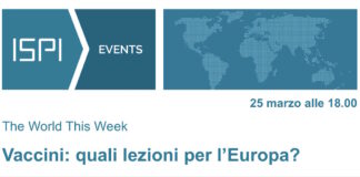 Su sfondo blu chiaro la scritta ISPI EVENTS 25 marzo alle 18,00 e, a destra, il globo terrestre