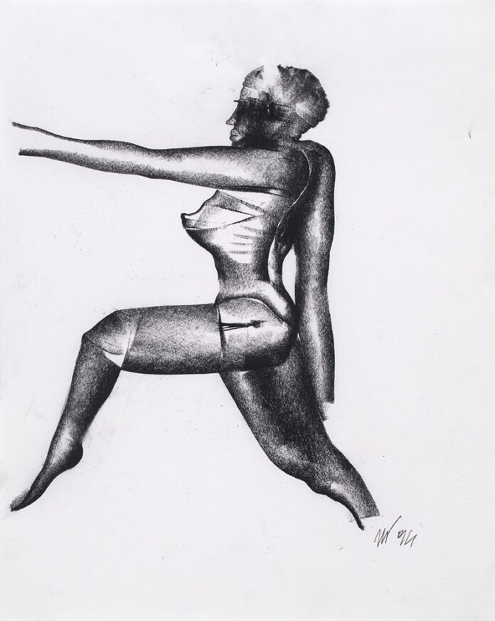 nella foto si vede un disegno in nero che ritrae una donna di profilo con reggicalze