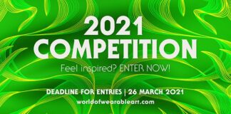 Su uno sfondo verde con tratti grafici curvilinei il testo 2021 COMPETITION per la registrazione al premio WOW neozelandese World of WearableArt