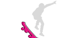 logo della rubrica Skateboard in bianco e rosa con l'immagine rosa di uno skateboard e la sagoma grigia di un ragazzo sopra che salta
