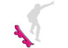 nella foto il logo a colori della rubrica skateboard; si vede uno skateboard fucsia piegato a sinistra e la sagoma stilizzata grigia di un ragazzo che saltella sullo skateboard