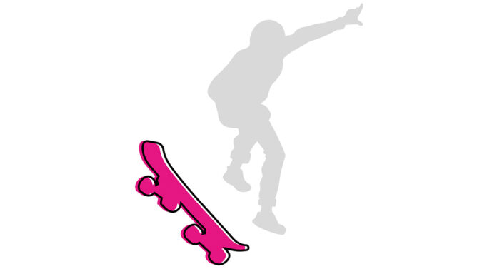 nella foto il logo a colori della rubrica skateboard; si vede uno skateboard fucsia piegato a sinistra e la sagoma stilizzata grigia di un ragazzo che saltella sullo skateboard
