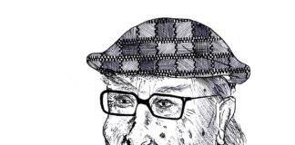 il disegno di Gabriele Artusio in bianco e nero ritrae lo scrittore Andrea Camilleri con gli occhiali e un cappello e sotto la scritta "Il fascismo è un virus mutante"