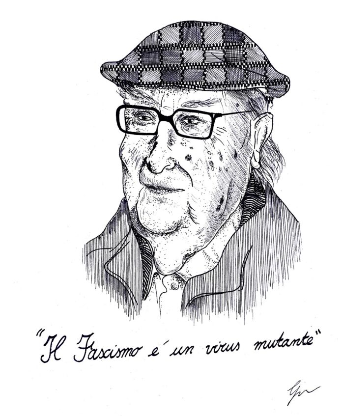 il disegno di Gabriele Artusio in bianco e nero ritrae lo scrittore Andrea Camilleri con gli occhiali e un cappello e sotto la scritta 