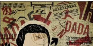 L'immagine mostra un opera dell'artista Bruno Evola. Un uomo con un impermeabile è raffigurato a mezzobusto ed il suo occhio destro è coperto da una lente di vetro. La figura è in bianco enero mentre lo sfondo è realizzato con toni seppia e rosso
