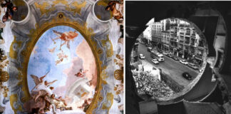 there are two photos, one in color and one in black and white: on the left a fresco by Tiepolo and on the right a photo of Paris seen from a porthole