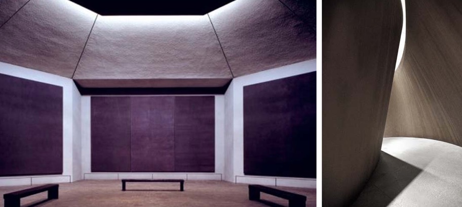 Photo that expresses an artistic language, made up of two close-ups; on the left dark paintings hanging on the walls, on the right a cave with a blade of light from above.