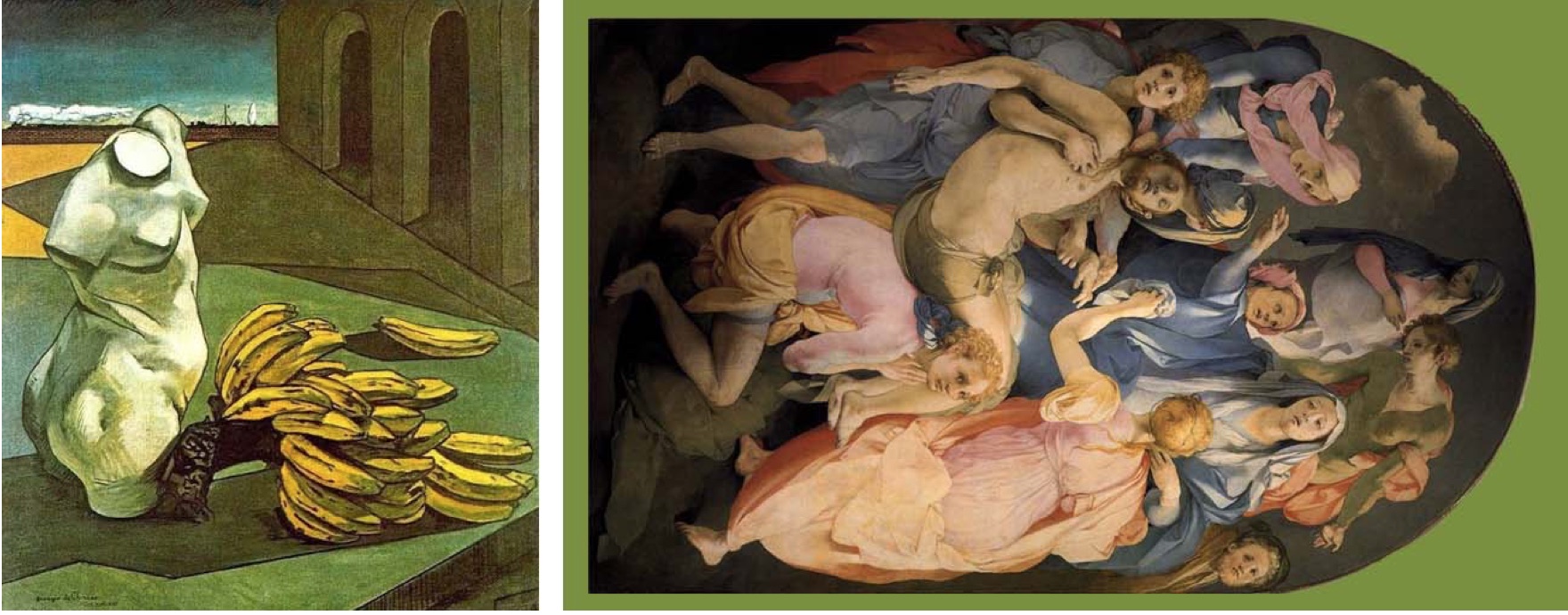 Photo that expresses a creative language: on the left painted with a human bust and a bunch of bananas, on the right a sacred painting on the death of Jesus