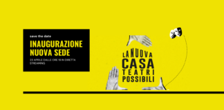 locandina dell'inaugurazione-compleanno di Teatri possibili a Milano, sfondo giallo e la dicitura dell'inaugurazione con indicazione della data e dello straming