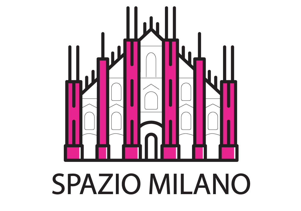 logo della rubrica Spazio Milano con l'immagine della facciata del Duomo e la scritta Spazio Milano in bianco e rosa