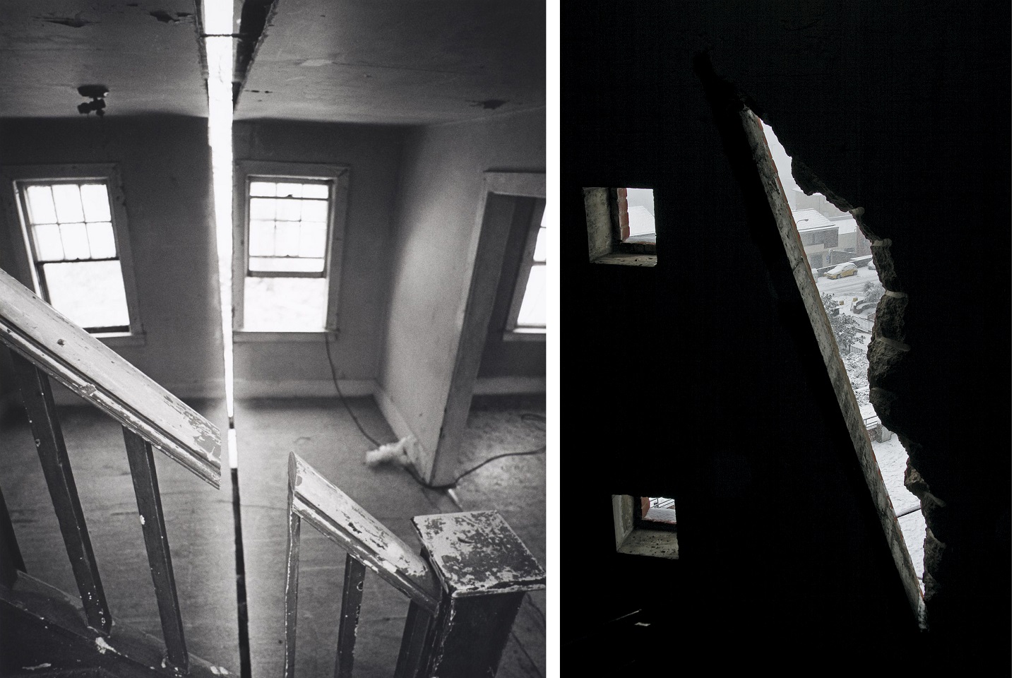 there are two black and white photos, on the left a basement and on the right the crack in a wall
