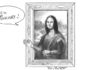 il disegno in bianco e nero ritrae la Gioconda che saluta con la mano dicendo, in un fumetto, "ben tornati!"