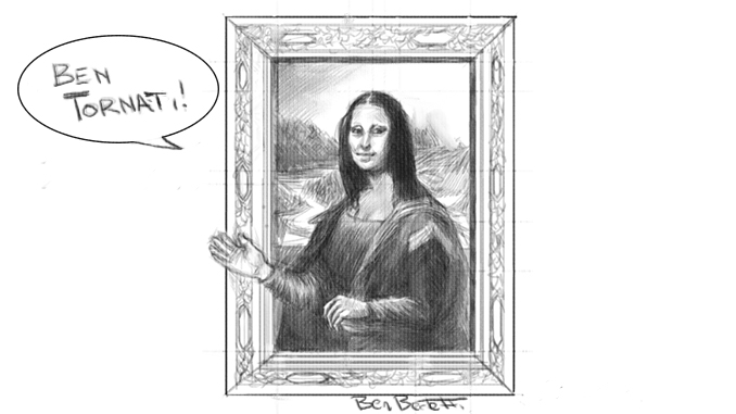 il disegno in bianco e nero ritrae la Gioconda che saluta con la mano dicendo, in un fumetto, "ben tornati!"