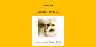 L'immagine mostra la copertina del libro "Vita arte poesia eros come pensiero e virus" di Julius Evola. La copertina è quasi interamente gialla con al centro una piccola icona composta dal collage di alcune opere d0arte e scritte rosse