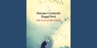 la foto a colori mostra la copertina di un libro, Happy Next di Simone Cristicchi, che reca l'immagine di un fiore bianco con parti portate via dal vento