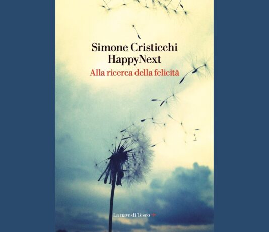 la foto a colori mostra la copertina di un libro, Happy Next di Simone Cristicchi, che reca l'immagine di un fiore bianco con parti portate via dal vento