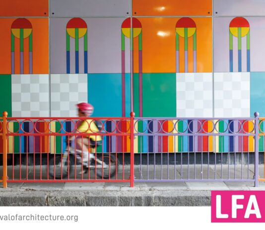 London Festival of Architecture, the poster: a colorful wall, a boardwalk with a baby boy on a bicycle, a colorful protective railing