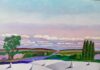 il dipinto di Yvonne D'acosta a colori ritrae un paesaggio con cipressi, un albero e un fiume; le nuvole sono rosa e una parte del terreno, oltre a essere verde, è bianca