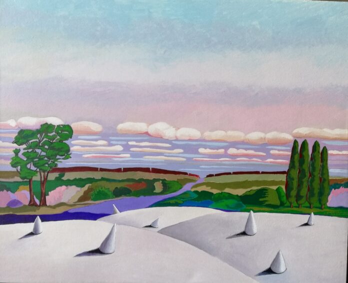 Il mondo di Yvonne - Yvonne’s World il dipinto di Yvonne D'acosta a colori ritrae un paesaggio con cipressi, un albero e un fiume; le nuvole sono rosa e una parte del terreno, oltre a essere verde, è bianca