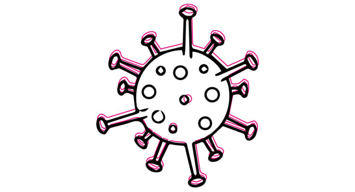 logo della rubrica Noi e il covid, che è l'immagine stilizzata di un virus a forma di palla bianca e rosa