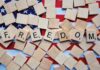 la foto a colori mostra molte tessere quadrate di legno sparse; su sette di esse ci sono scritte, su ciascuna, le lettere che compogono la parola "freedom", "libertà".