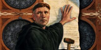 il dipinto a colori mostra Martin Lutero che affigge le sue 95 tesi sul portone della chiesa di Ognissanti nel castello di Wittenberg. Sulla mano sinistra regge un foglio di carta, sull'altra un martello.