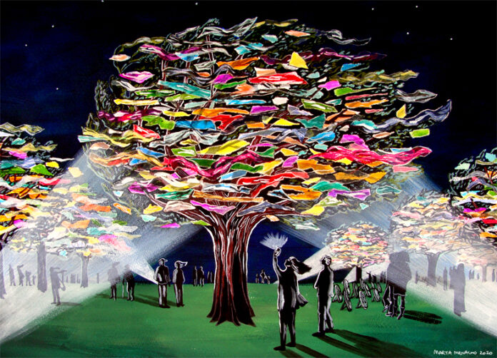 Illustrazione di alberi la cui chioma non è di foglie ma di sacchetti di plastica. Uomini e donne intorno li illuminano di notte con fasci di luce