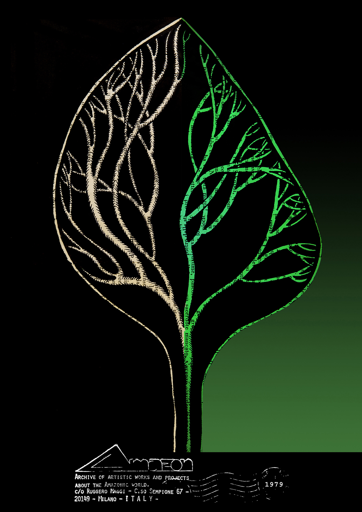 la foto a colori mostra una grande foglia con dentro le radici di un albero; i colori sono due, verde e nero.