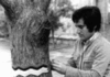 la foto mostra l'artista Giovanni Valentini intento a ceircondare il tronco di un albero con una fascia simile a una greca bicolore (Bianca e nera). L'uomo ha capelli neri a caschetti ed indossa una camicia a quadretti e pantaloni neri (FOTO BN)