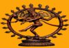 l'immagine mostra una statua di una divinità induista Shiva nella tipica posizione della "Danza continua". La figura è in equilibrio su un solo piede ed ha 4 braccia. E' circondata da una corona di fiammelle che la racchiudono in una sorta di guscio