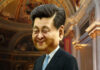 la foto a colori mostra una caricatura di Xi Jinping che sorride. Indossa una cravatta celeste, una camicia bianca e una giacca nera.