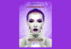 la foto a colori mostra la copertina del libro di Roberto Guerra dal titolo "Futurismo Duemila" che reca l'immagine tecnologica di un volto di donna