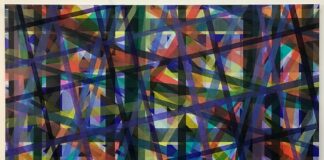 L'immagine mostra un'opera dell'artista Aurelio Sartorio chiamata "Gratitudo". L'opera sii compone di numerose linee di diverso colore intrecciate l'una sopra l'altra senza un pattern preciso. tutte le linee sono leggermente trasparenti lasciando vedere quelle sottostanti in un gioco di velature