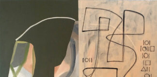 la foto a colori mostra un dipinto di due artisti che è diviso a metà in due parti, entrambe raffiguranti linee colorate astratte sui toni del marrone.