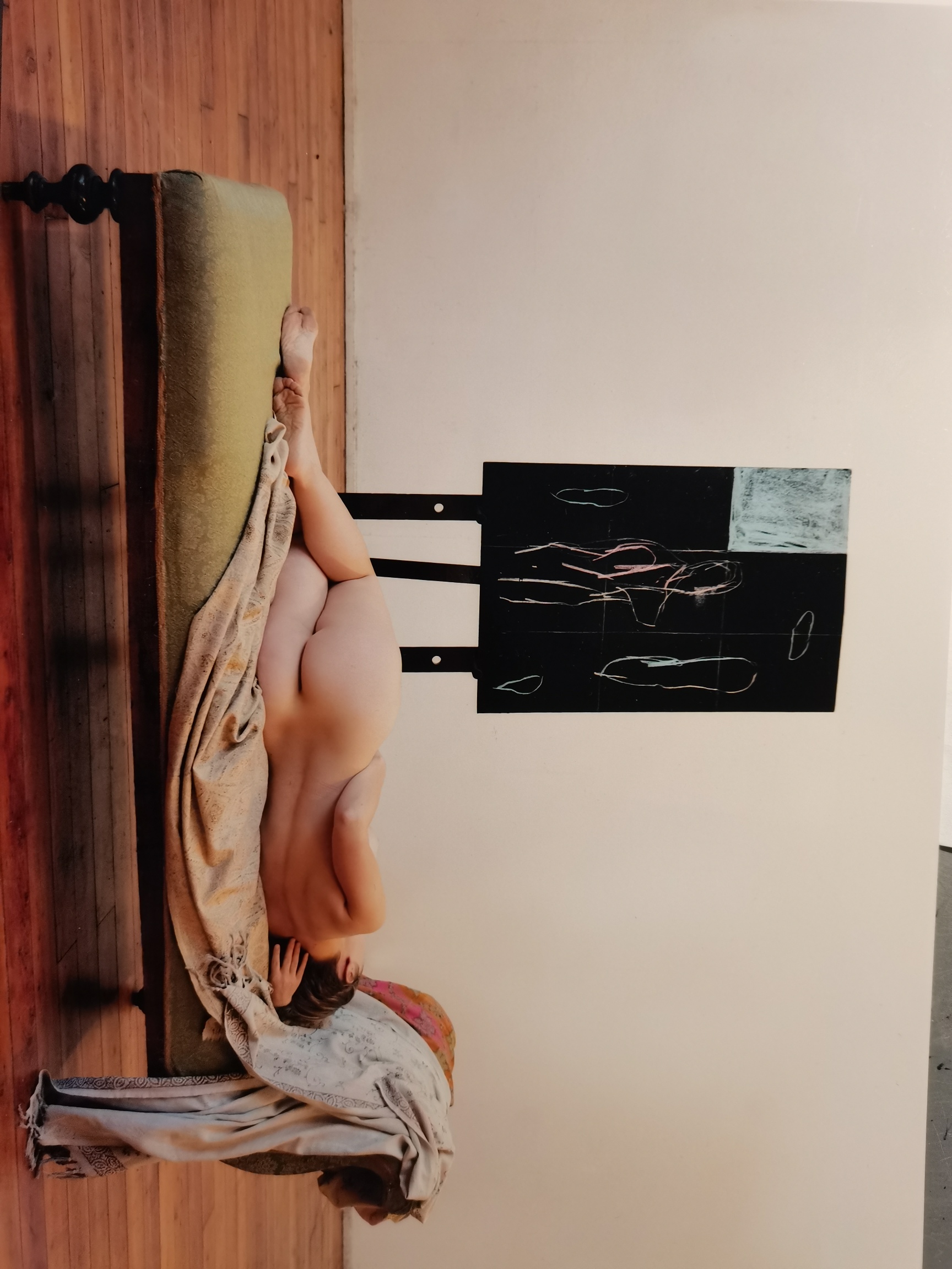 Blow-up, le verità rivelate L'immagine mostra una donna nuda distesa di lato su un lettino con alcuni lenzuoli. La donna da le spalle allo spettatore e con una mano dietro la testa è intenta a fissare un cavalletto nero con sopra un quadro astratto nero con alcune linee bianche che ricreano la figura stiliazzata di una donna, il tutto in una stanza bianca con il pavimento in legno
