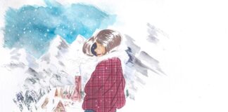 L'immagine mostra una ragazza girata di tre quarti sullo sfondo di un paesino innevato vicino alle montagne. La ragazza ha capelli bruni, un giubbotto rosso e pantaloni blu scuro