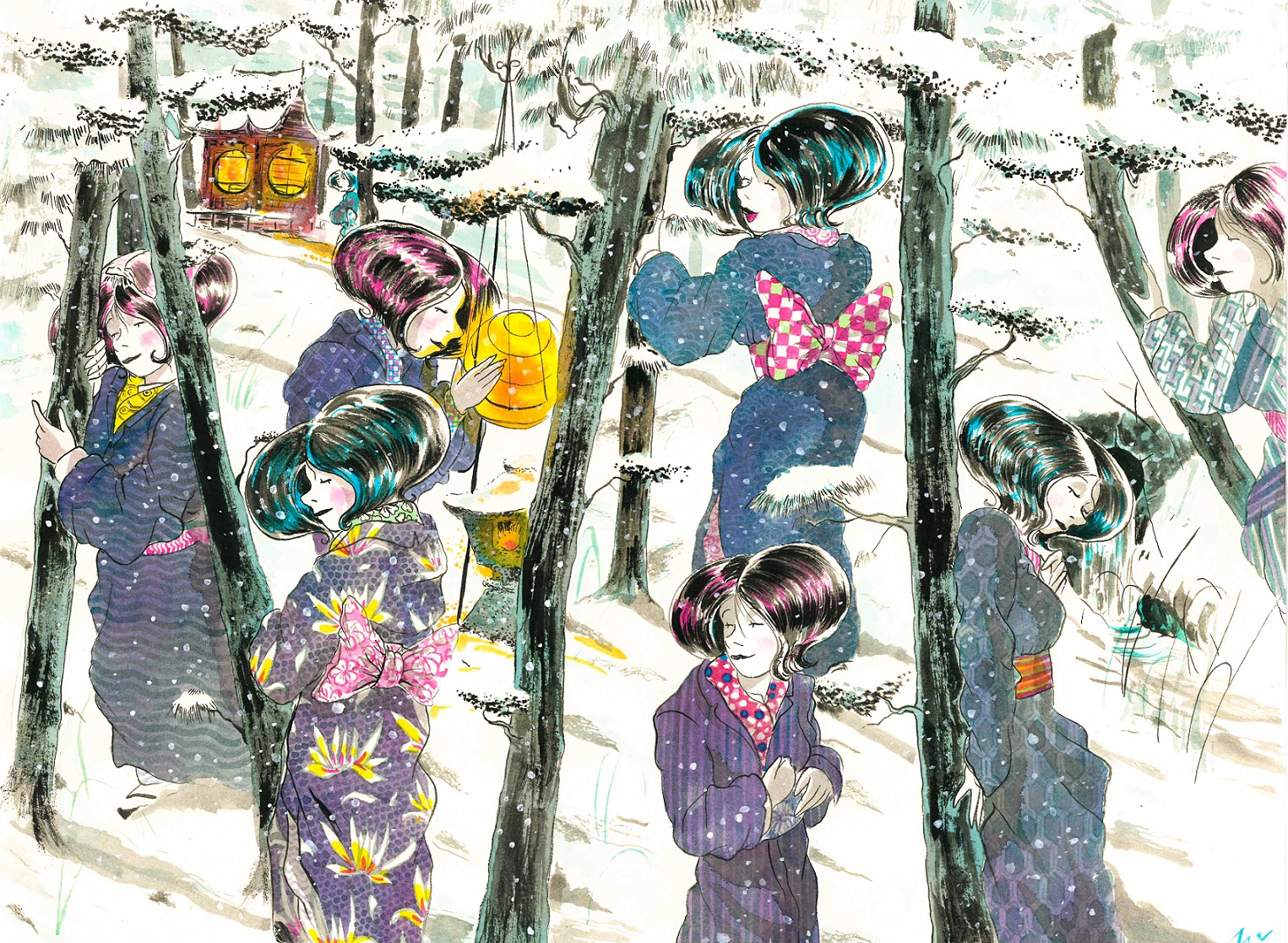 L'immagine mostra un opera di Gabriele Artusio: Ines (Foresta d'Inverno). In uno scenario nipponico innevato, la figura di ines, ragazza dai capelli neri è riproposta in diverse pose e con diversi kimono, accomunati da tonalità sul blu. Il candore della neve è interrotto anche dai sottili e scuri tronchi degli alberi