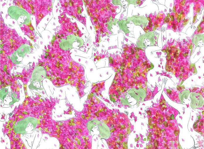 Focus on Gabriele Artusio, i segreti di Ines L'immagine mostra una delle opere di gabriele Artusio: Ines (Bouganville). Un disegno orizzontale in cui diverse ragazze nude nello stile che richiama il fumetto giapponese, dalla pelle bianca e i capelli verde chiaro sono immerse in pose languide e differenziate in un mare di fiori di bouganviille, come una sorta di carta da parati